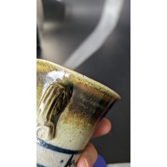 Studio Artisan Pottery Green Brown Glaze Cup 2 Handles Line Accent - Picture 7 of 12